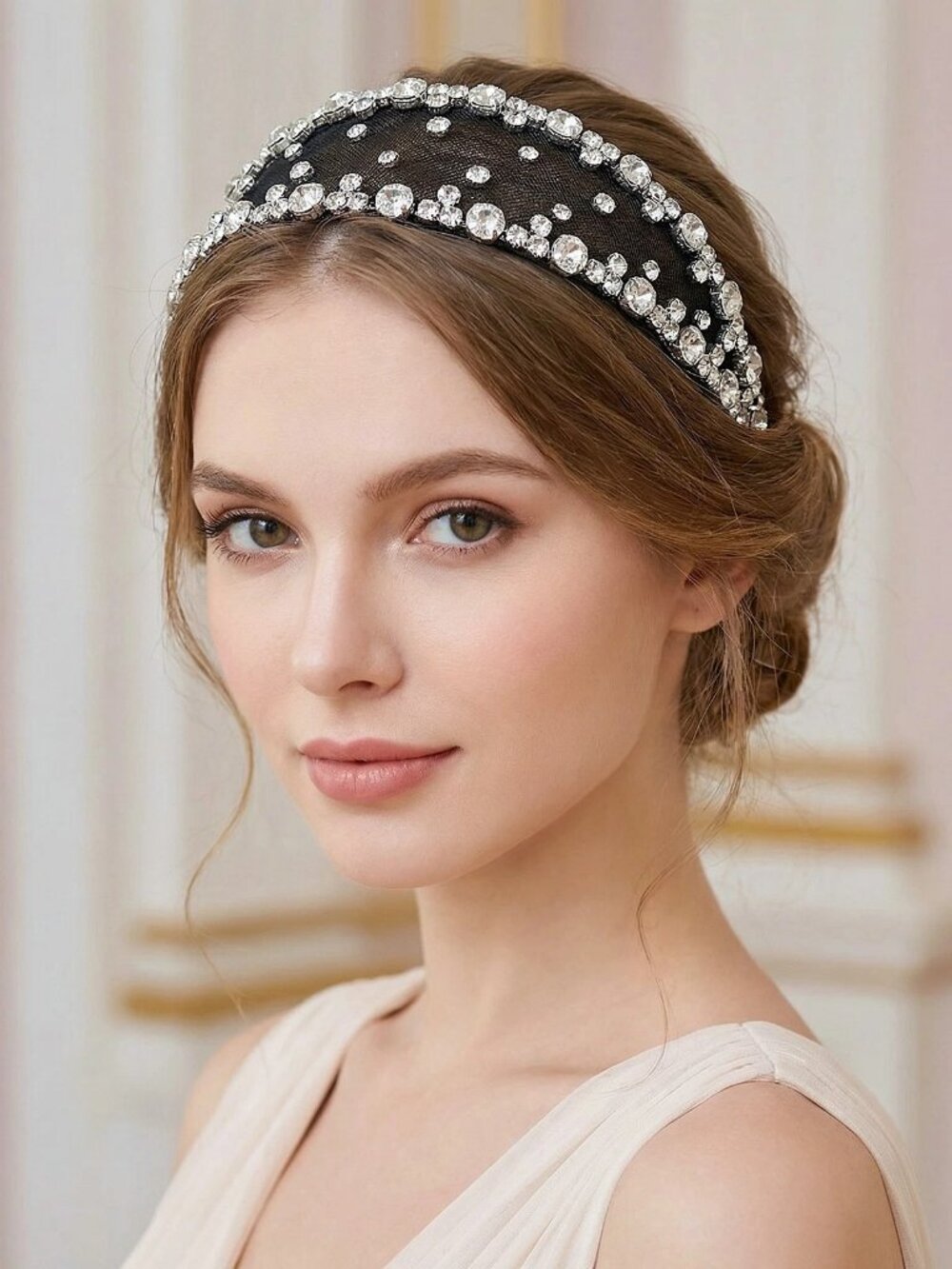 Black Mesh Rhinestone Headband for Women 2.75in Wide Sparkly Halo Headpiece